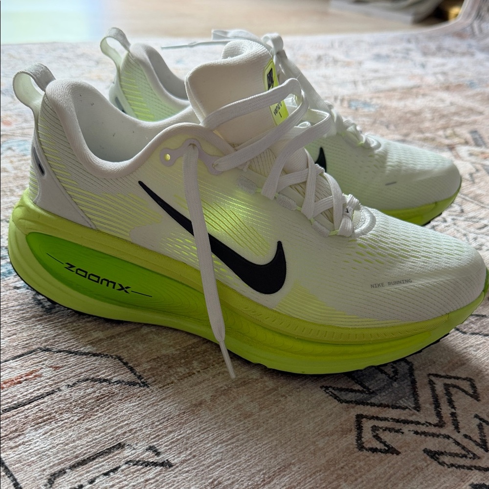 Nike Vomero 18 White and Neon Green Running Sneakers with Black Swoosh